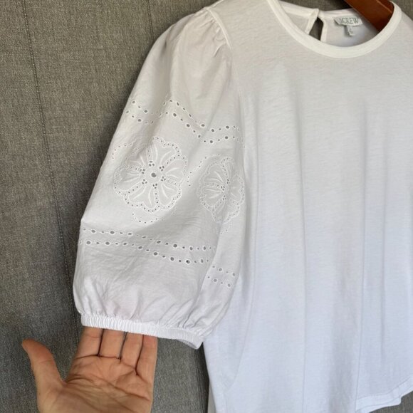 J. Crew Broken in Jersey White Eyelet Embroidered Puff Sleeve T Shirt Size Large - Picture 5 of 17